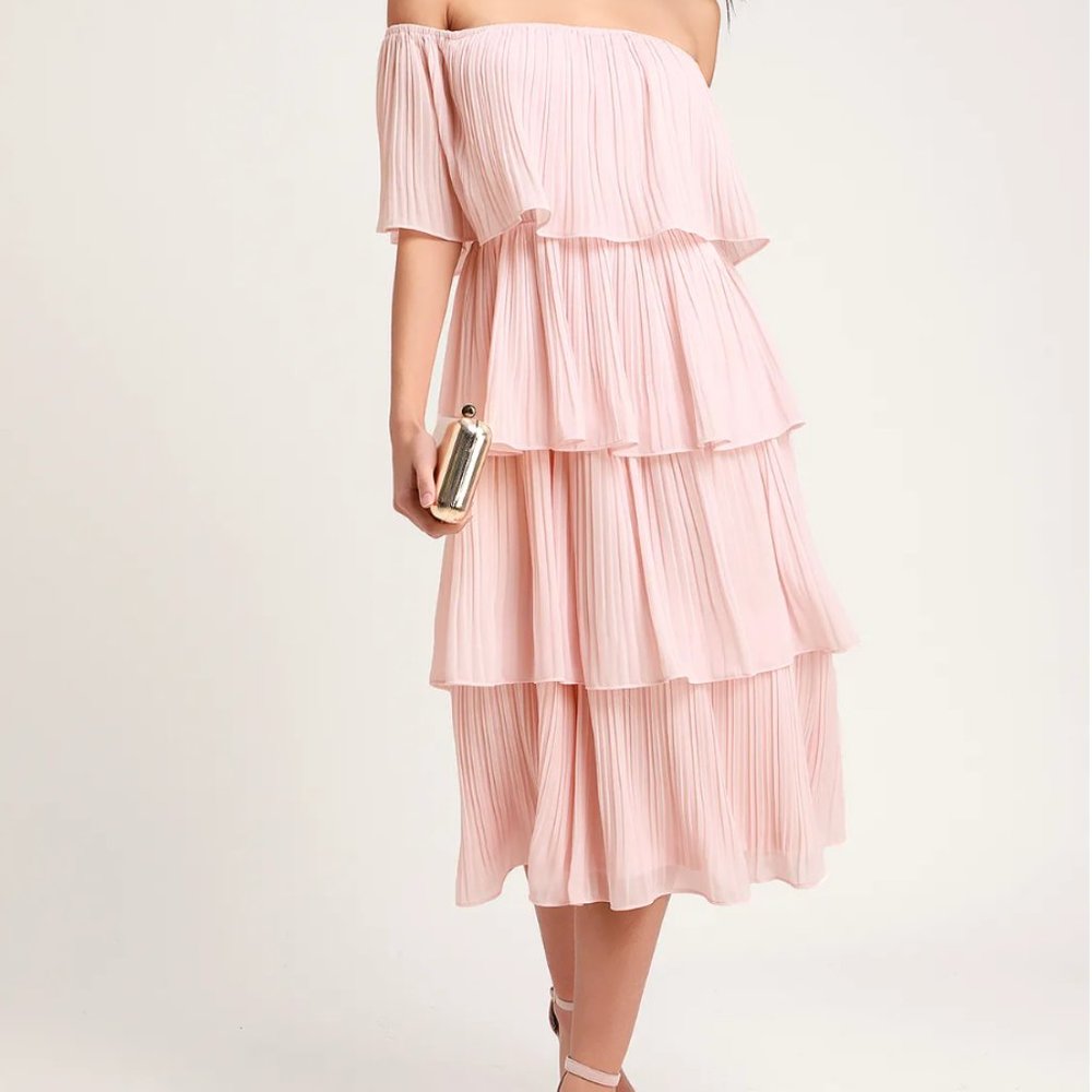 Lulus Gala Ready Blush Pink Off-the-Shoulder Ruffle Midi Dress
